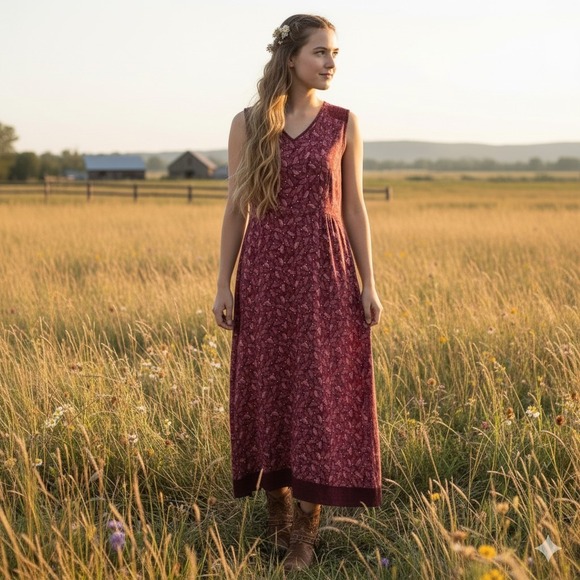 Vintage 90s April Cornell Dress M Burgundy Floral‎ Maxi Prairie Boho Cottagecore